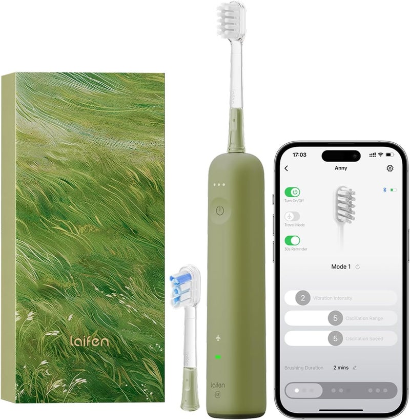 Laifen Wave Special Electric Toothbrush, New 2025 Version Oscillation & Vibration Sonic Electric Toothbrush for Adults with App, 2 Brush Heads, IP68 Waterproof Travel Powered Toothbrush (Meadow Green) - Image 1